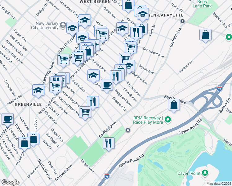 map of restaurants, bars, coffee shops, grocery stores, and more near 60 Stegman Street in Jersey City