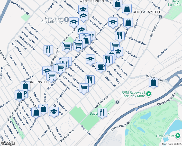 map of restaurants, bars, coffee shops, grocery stores, and more near 100 Fulton Avenue in Jersey City