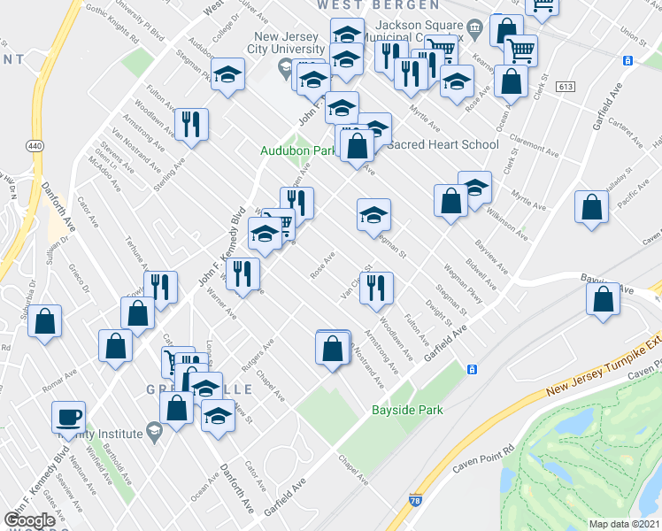 map of restaurants, bars, coffee shops, grocery stores, and more near 118-120 Woodlawn Avenue in Jersey City