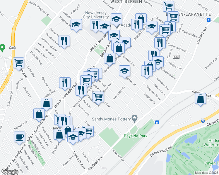 map of restaurants, bars, coffee shops, grocery stores, and more near 118-120 Woodlawn Avenue in Jersey City