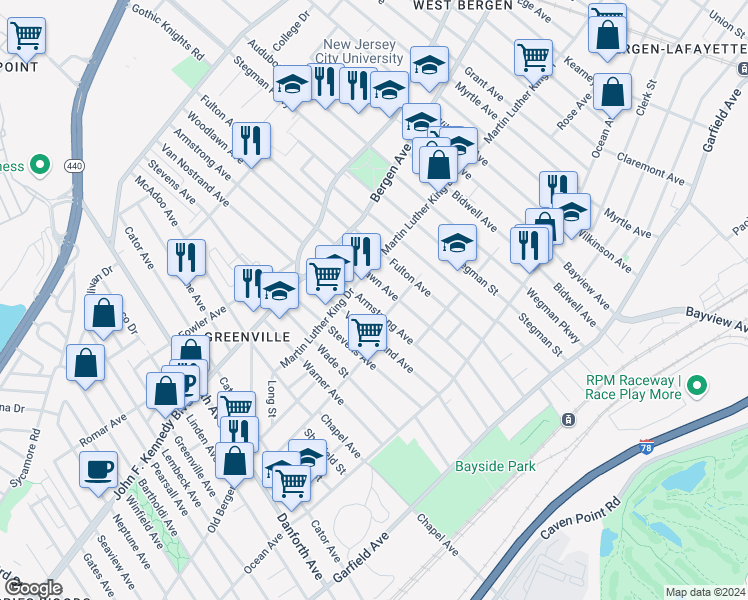 map of restaurants, bars, coffee shops, grocery stores, and more near 164 Rose Avenue in Jersey City