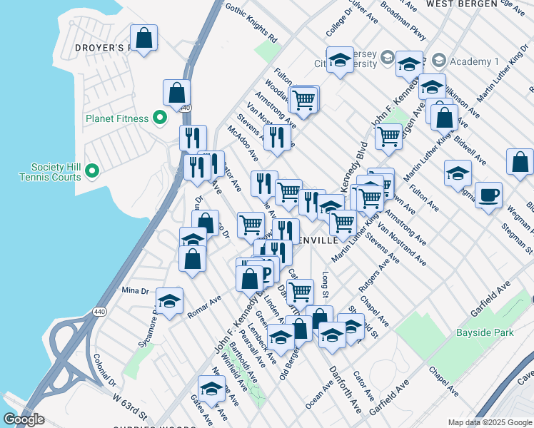 map of restaurants, bars, coffee shops, grocery stores, and more near 315 Cator Avenue in Jersey City