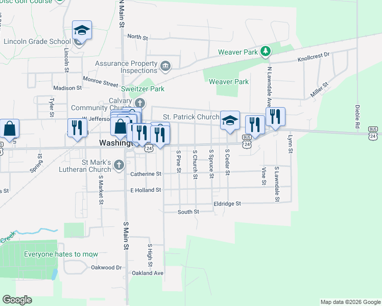 map of restaurants, bars, coffee shops, grocery stores, and more near 112 South Church Street in Washington