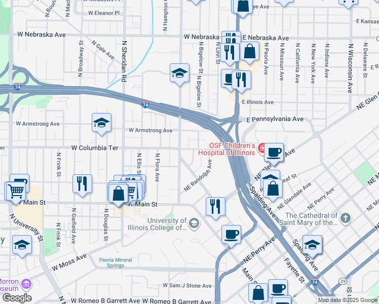map of restaurants, bars, coffee shops, grocery stores, and more near 103 Northeast Roanoke Avenue in Peoria