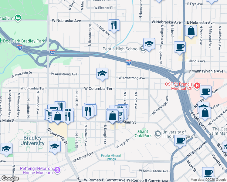 map of restaurants, bars, coffee shops, grocery stores, and more near 1205 North Sheridan Road in Peoria