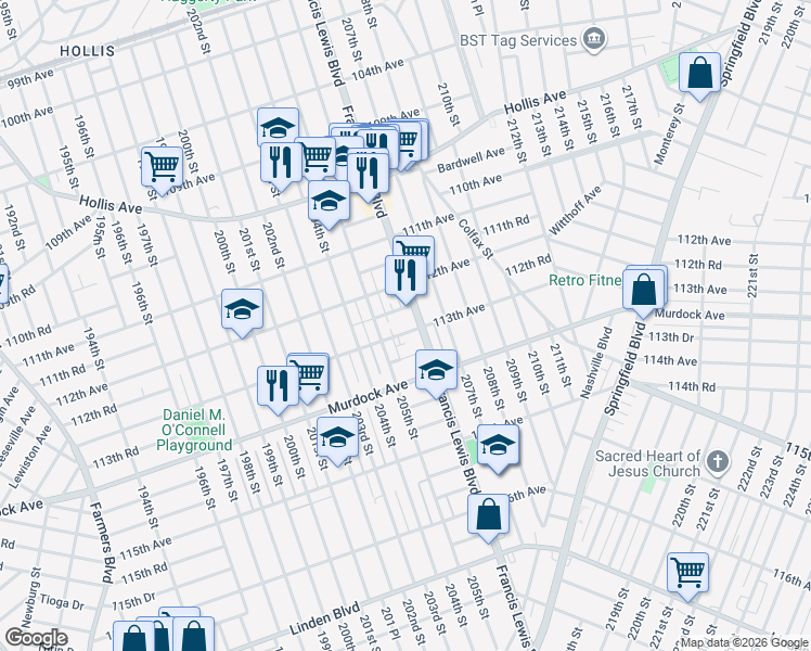 map of restaurants, bars, coffee shops, grocery stores, and more near 113-03 205th Street in Queens