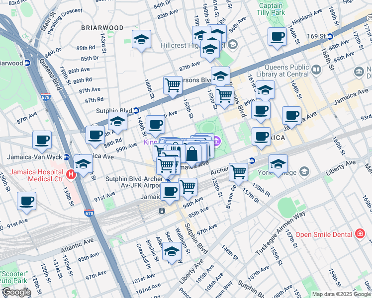 map of restaurants, bars, coffee shops, grocery stores, and more near 90-10 149th Street in Queens