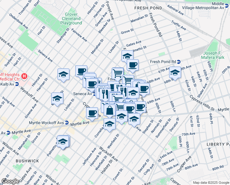 map of restaurants, bars, coffee shops, grocery stores, and more near 18-58 Madison Street in Queens