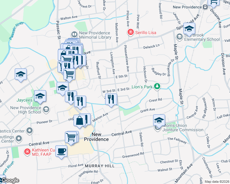 map of restaurants, bars, coffee shops, grocery stores, and more near 4 2nd Street in New Providence