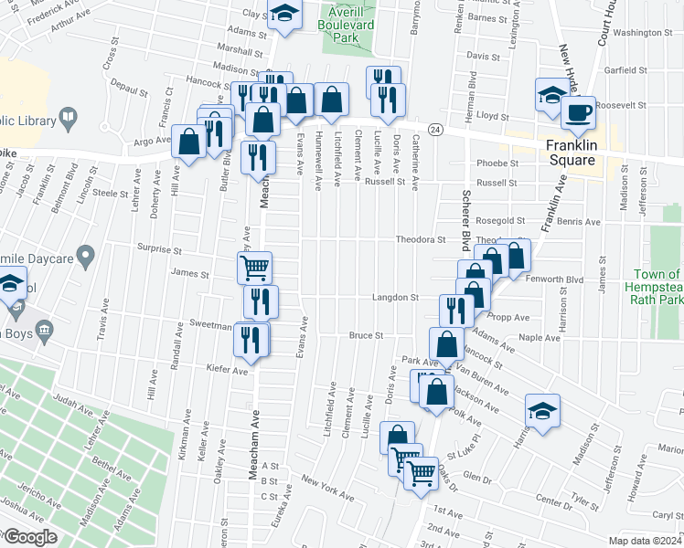 map of restaurants, bars, coffee shops, grocery stores, and more near 187 Litchfield Avenue in Elmont