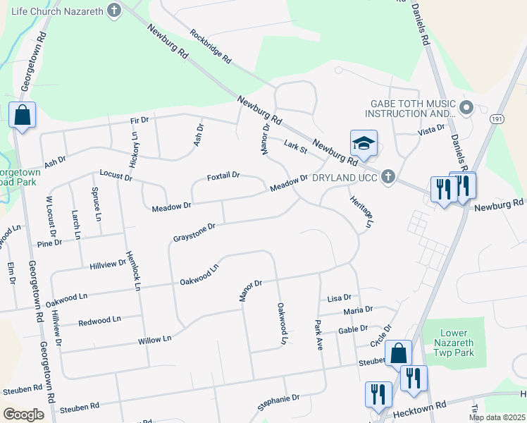 map of restaurants, bars, coffee shops, grocery stores, and more near 4512 Graystone Drive in Nazareth