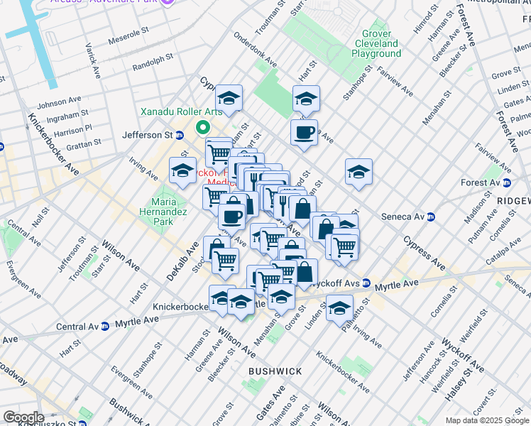 map of restaurants, bars, coffee shops, grocery stores, and more near 136 Wyckoff Avenue in Brooklyn