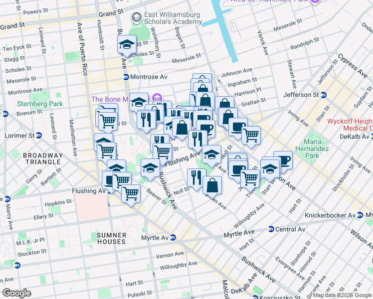 map of restaurants, bars, coffee shops, grocery stores, and more near 210 Cook Street in Brooklyn