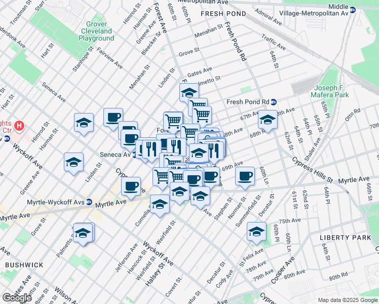map of restaurants, bars, coffee shops, grocery stores, and more near 18-89 Cornelia Street in Queens