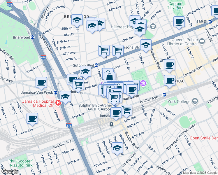 map of restaurants, bars, coffee shops, grocery stores, and more near 89-18 Sutphin Boulevard in Queens