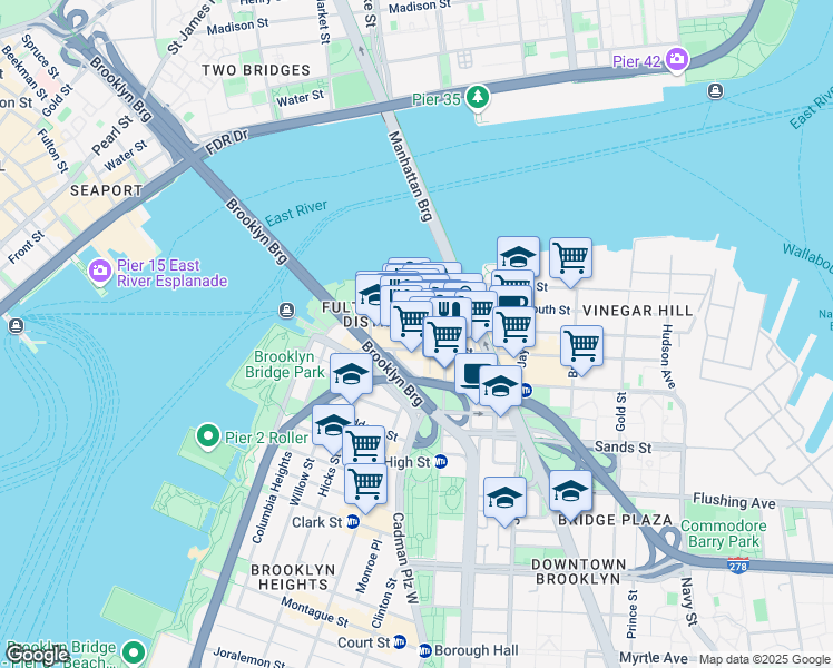 map of restaurants, bars, coffee shops, grocery stores, and more near 30 Main Street in Brooklyn