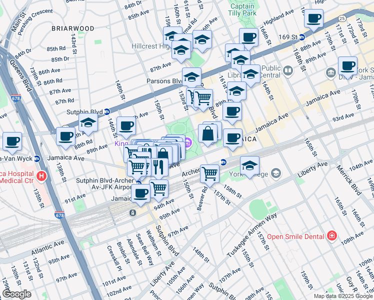 map of restaurants, bars, coffee shops, grocery stores, and more near 150-03 Jamaica Avenue in Queens