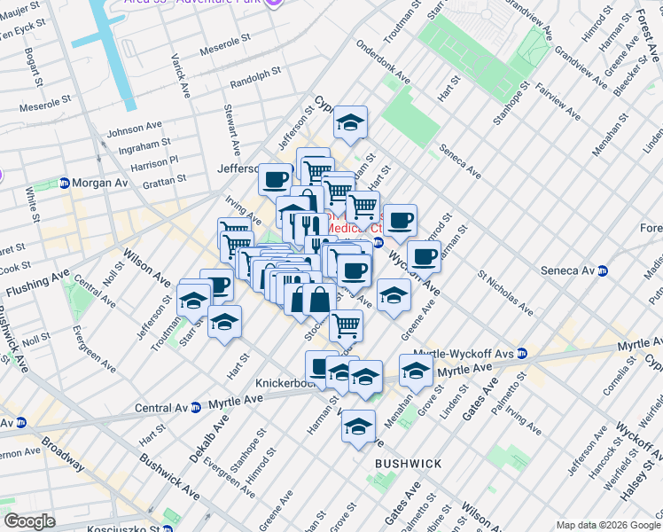 map of restaurants, bars, coffee shops, grocery stores, and more near 1557 Dekalb Avenue in Brooklyn