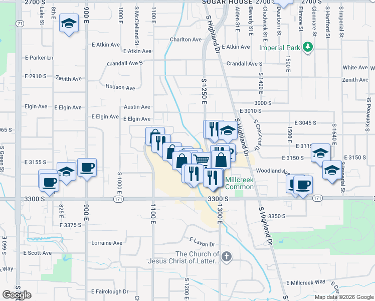 map of restaurants, bars, coffee shops, grocery stores, and more near 1245 Brickyard Road in Salt Lake City