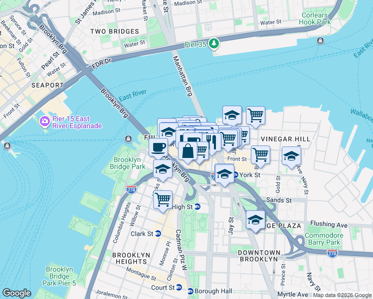 map of restaurants, bars, coffee shops, grocery stores, and more near 81 Front Street in Brooklyn