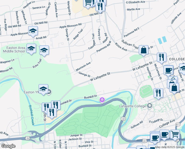 map of restaurants, bars, coffee shops, grocery stores, and more near 22 Chestnut Ridge Circle in Easton