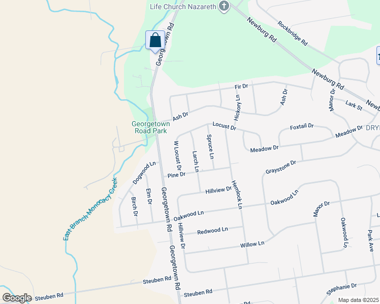 map of restaurants, bars, coffee shops, grocery stores, and more near 453 Larch Lane in Nazareth