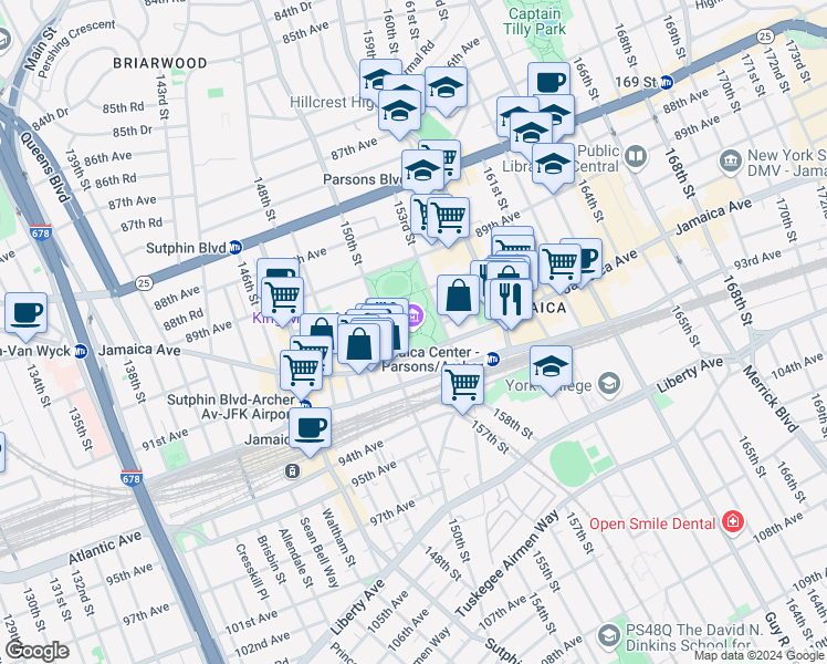 map of restaurants, bars, coffee shops, grocery stores, and more near 150-03 Jamaica Avenue in Queens
