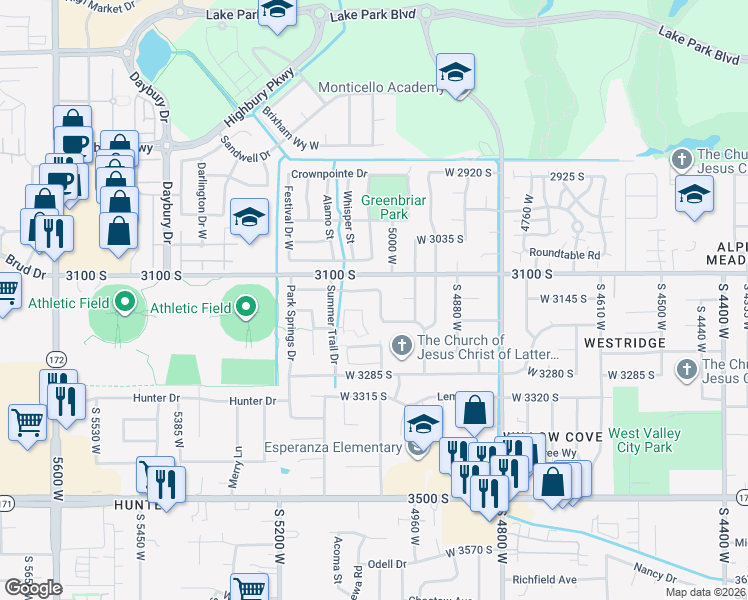 map of restaurants, bars, coffee shops, grocery stores, and more near 3148 Eagle Rock Way in West Valley City