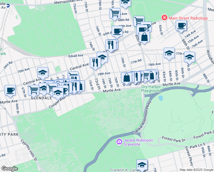 map of restaurants, bars, coffee shops, grocery stores, and more near 73-35 Myrtle Avenue in Queens
