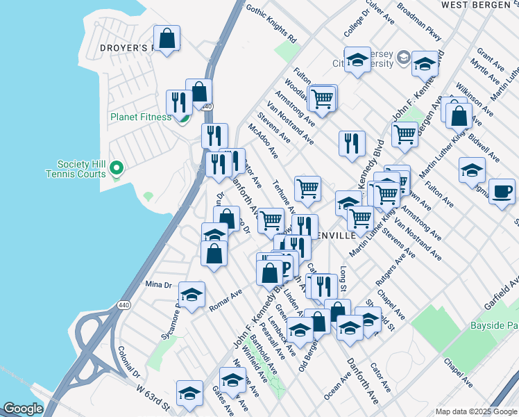map of restaurants, bars, coffee shops, grocery stores, and more near 339 Danforth Avenue in Jersey City