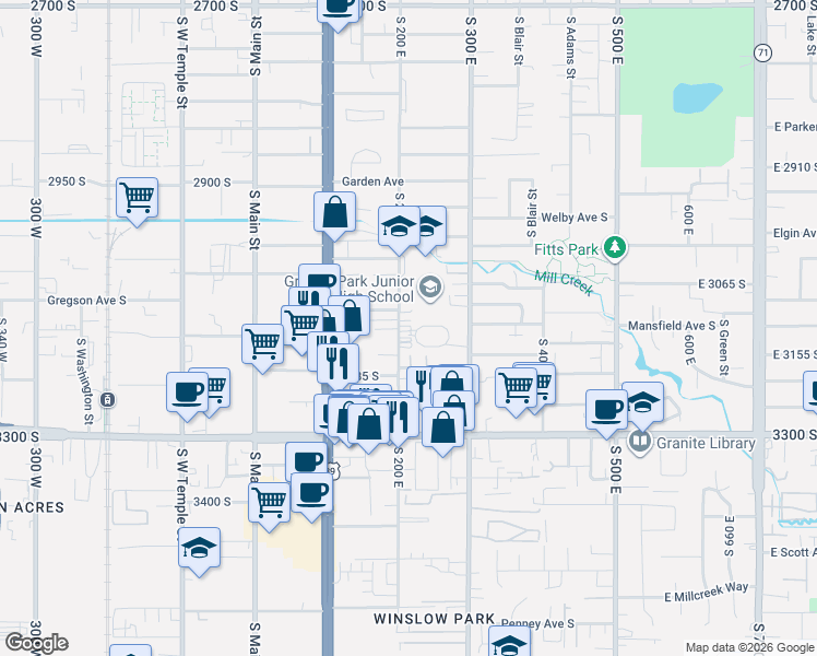 map of restaurants, bars, coffee shops, grocery stores, and more near 3123 South 200 East in Salt Lake City