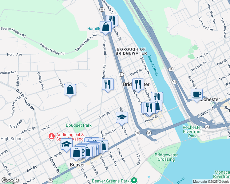 map of restaurants, bars, coffee shops, grocery stores, and more near 903 Magnolia Street in Beaver