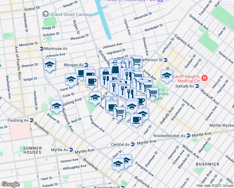map of restaurants, bars, coffee shops, grocery stores, and more near 55 Wilson Avenue in Brooklyn