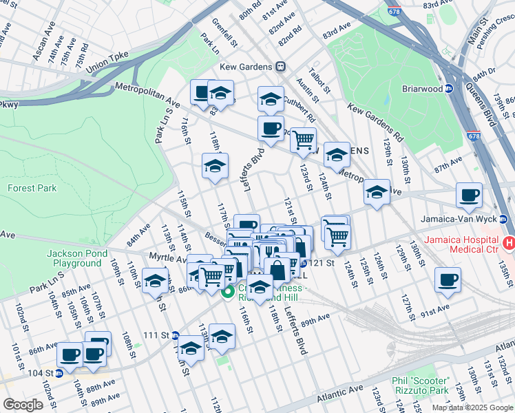 map of restaurants, bars, coffee shops, grocery stores, and more near 85-10 120th Street in Queens