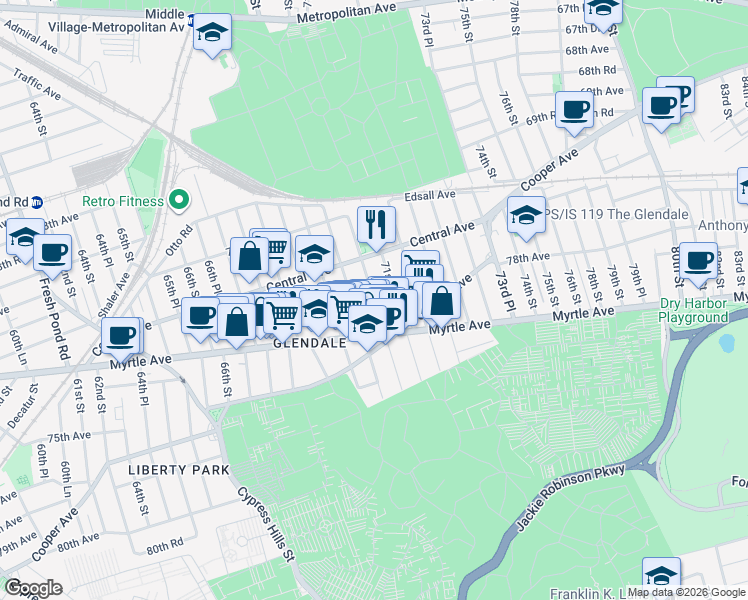 map of restaurants, bars, coffee shops, grocery stores, and more near in Queens