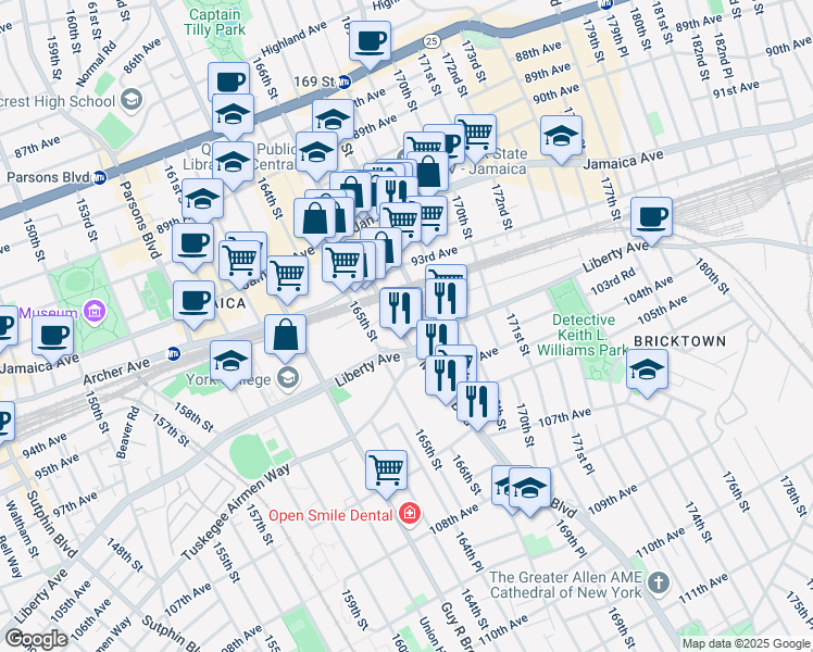 map of restaurants, bars, coffee shops, grocery stores, and more near 1684 Liberty Avenue in Queens