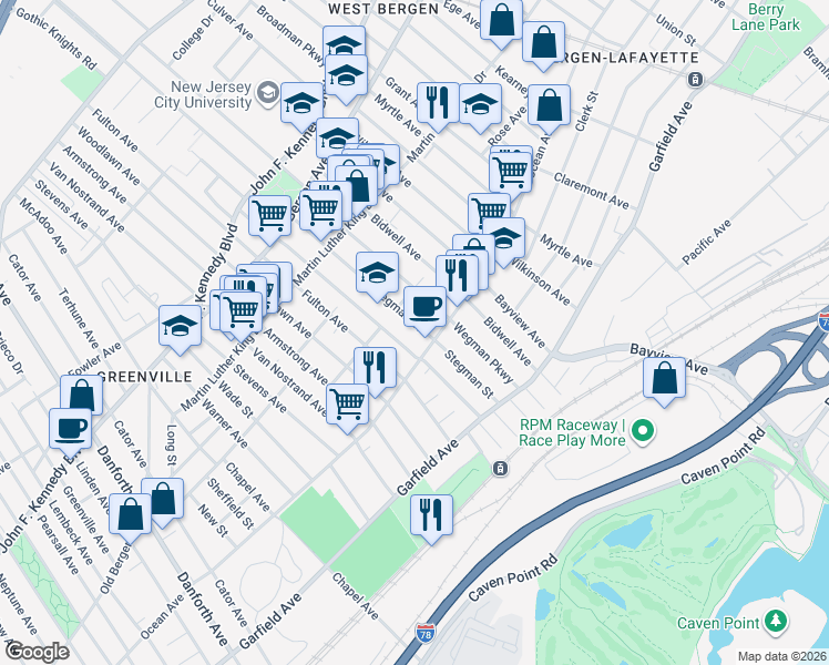 map of restaurants, bars, coffee shops, grocery stores, and more near 78 Dwight Street in Jersey City