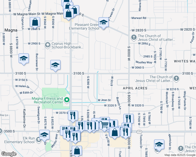 map of restaurants, bars, coffee shops, grocery stores, and more near 3134 South Buena Verde Lane in Magna