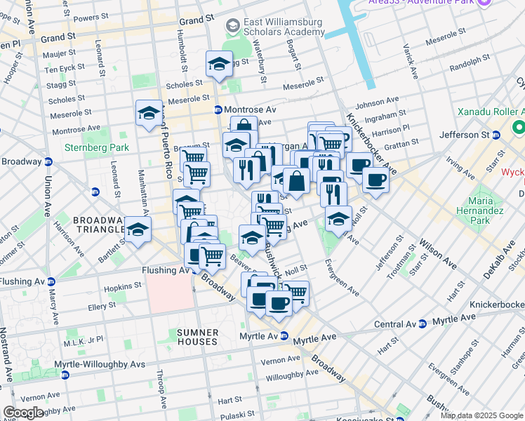 map of restaurants, bars, coffee shops, grocery stores, and more near 417 Bushwick Avenue in Brooklyn