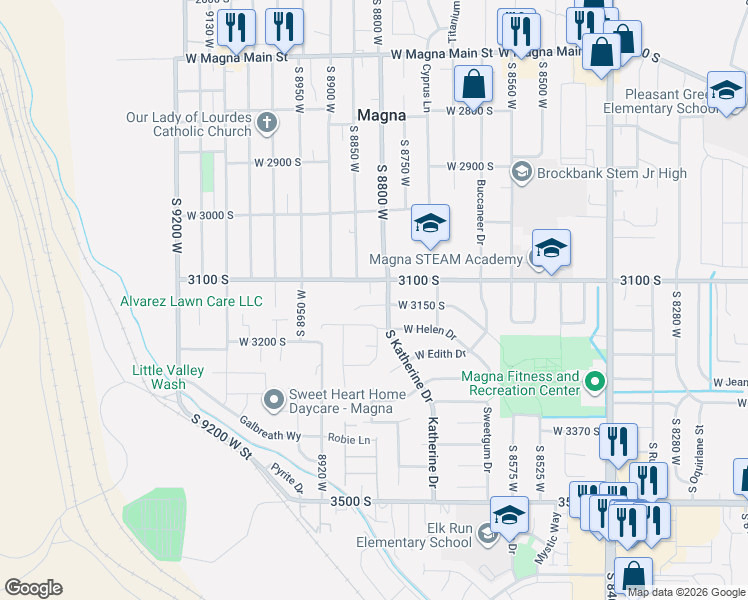 map of restaurants, bars, coffee shops, grocery stores, and more near 8814 Daisy View Lane in Magna