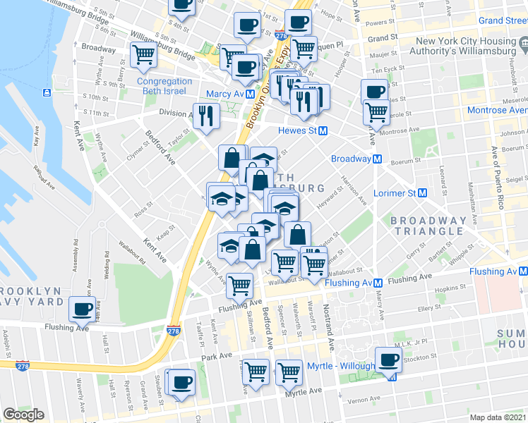 map of restaurants, bars, coffee shops, grocery stores, and more near Lee Ave & Penn St in Brooklyn