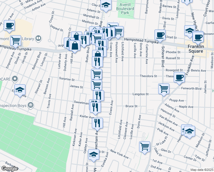 map of restaurants, bars, coffee shops, grocery stores, and more near 1314 Globe Avenue in Elmont