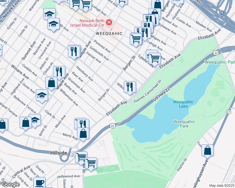 map of restaurants, bars, coffee shops, grocery stores, and more near 10/20 Chancellor Avenue in Newark