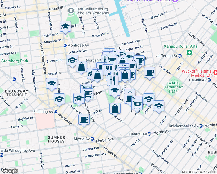 map of restaurants, bars, coffee shops, grocery stores, and more near 983 Flushing Avenue in Brooklyn