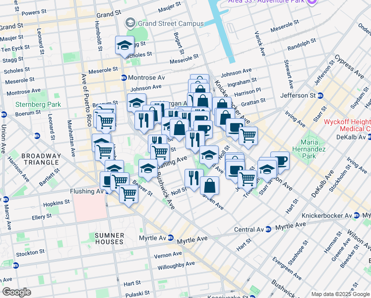map of restaurants, bars, coffee shops, grocery stores, and more near 945 Flushing Avenue in Brooklyn