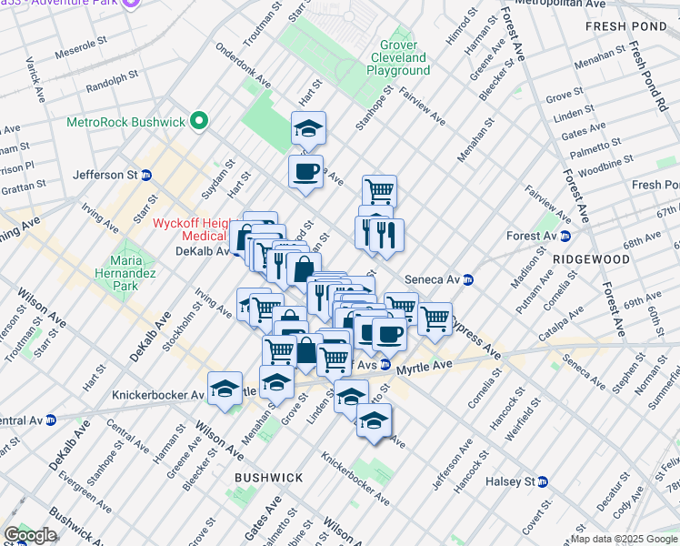 map of restaurants, bars, coffee shops, grocery stores, and more near 415 Bleecker Street in Brooklyn