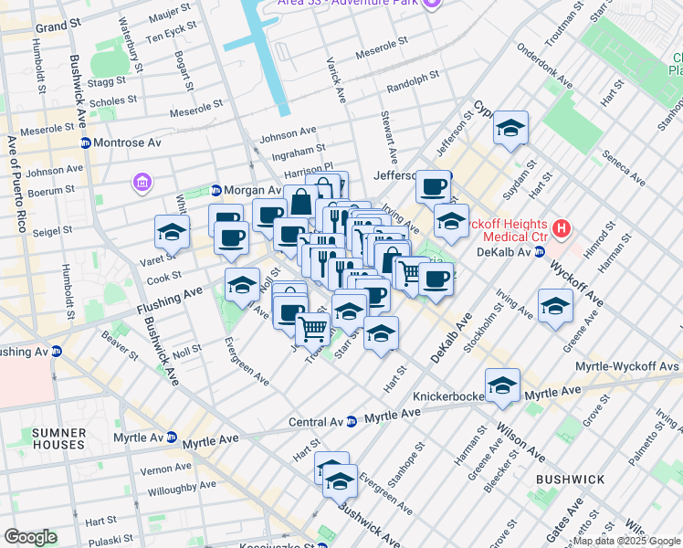 map of restaurants, bars, coffee shops, grocery stores, and more near 236 Jefferson Street in Brooklyn