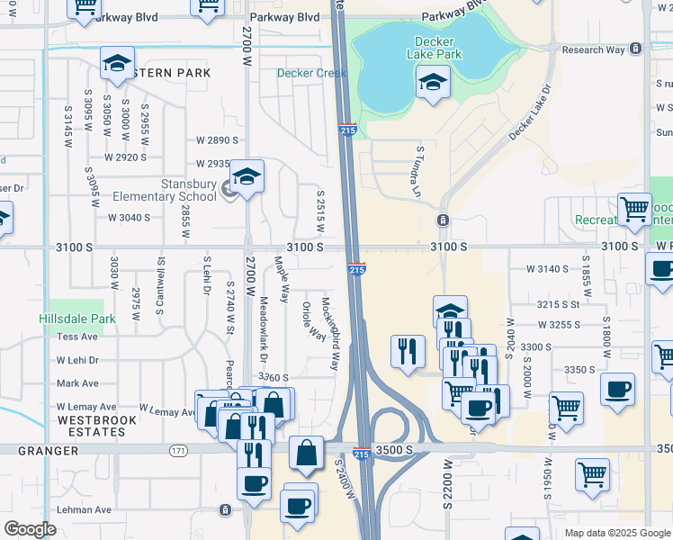 map of restaurants, bars, coffee shops, grocery stores, and more near 2483 Robin Road in West Valley City