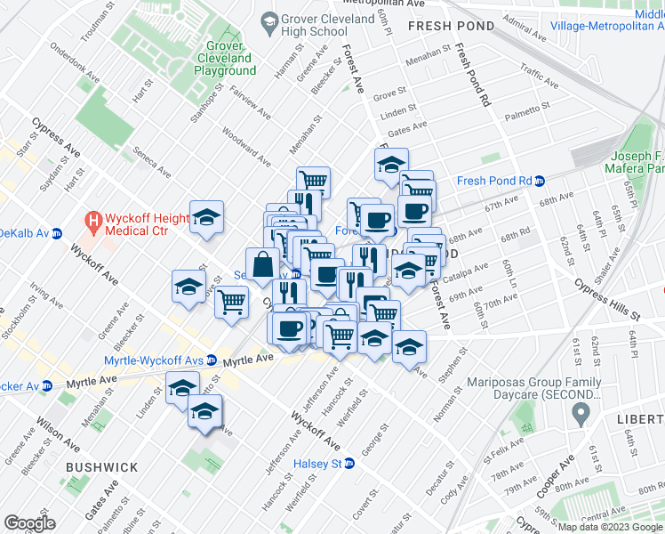 map of restaurants, bars, coffee shops, grocery stores, and more near 754 Onderdonk Avenue in Queens