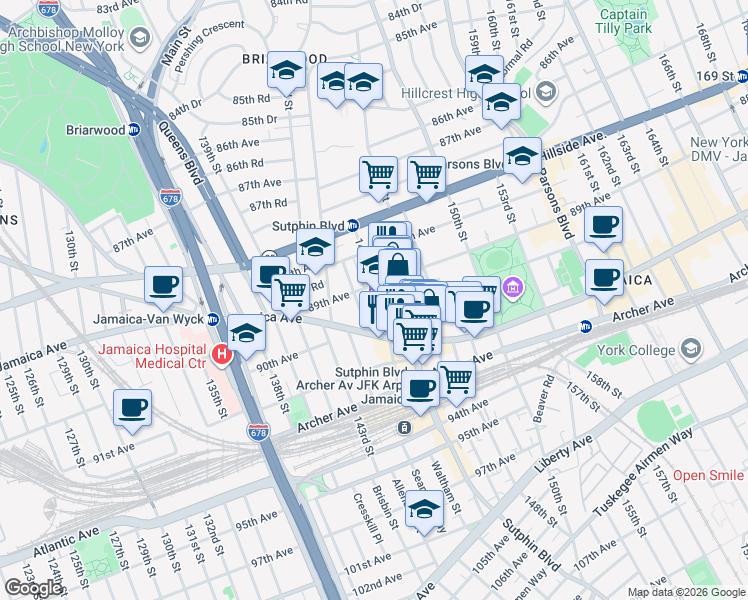 map of restaurants, bars, coffee shops, grocery stores, and more near 89-14 146th Street in Queens